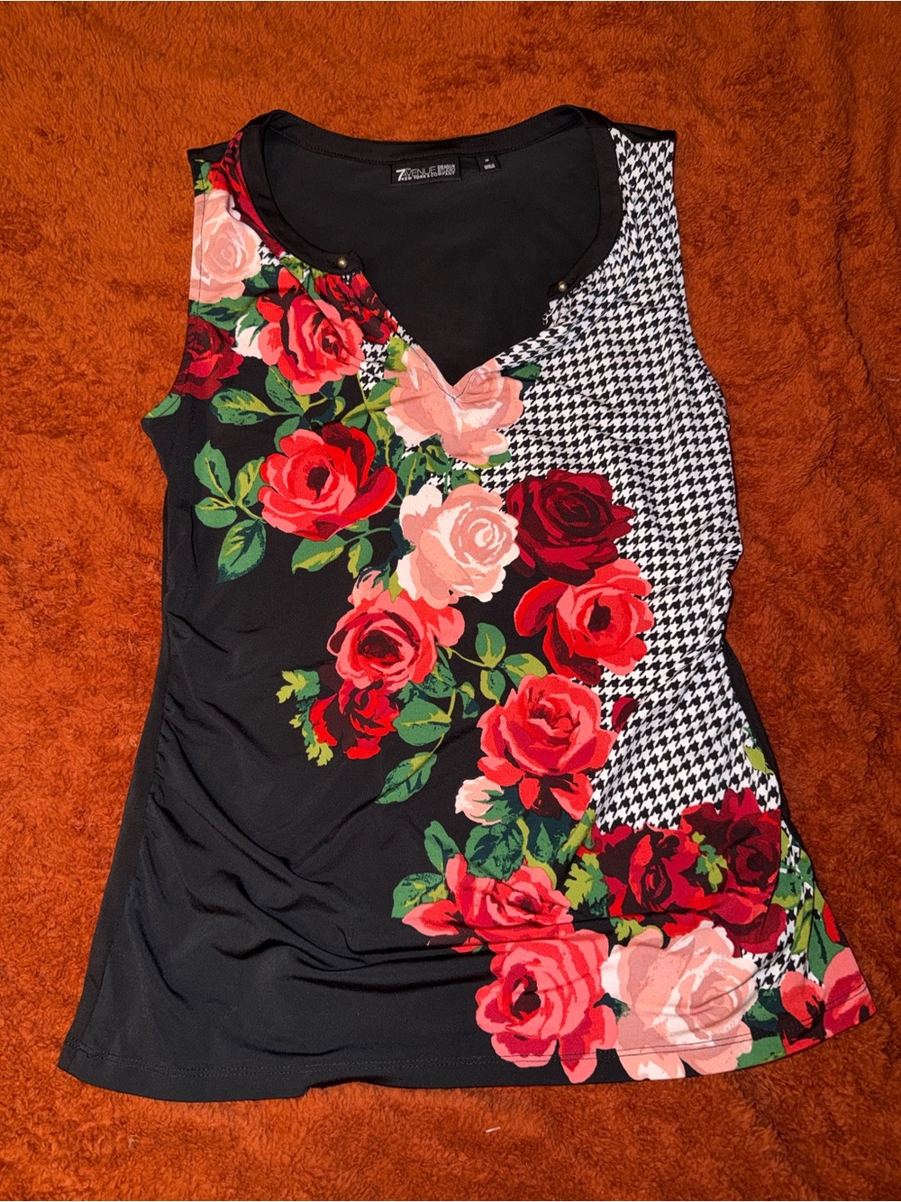 Avenue Black Sleeveless Tank with Red & Pink Rose Print and Houndstooth
